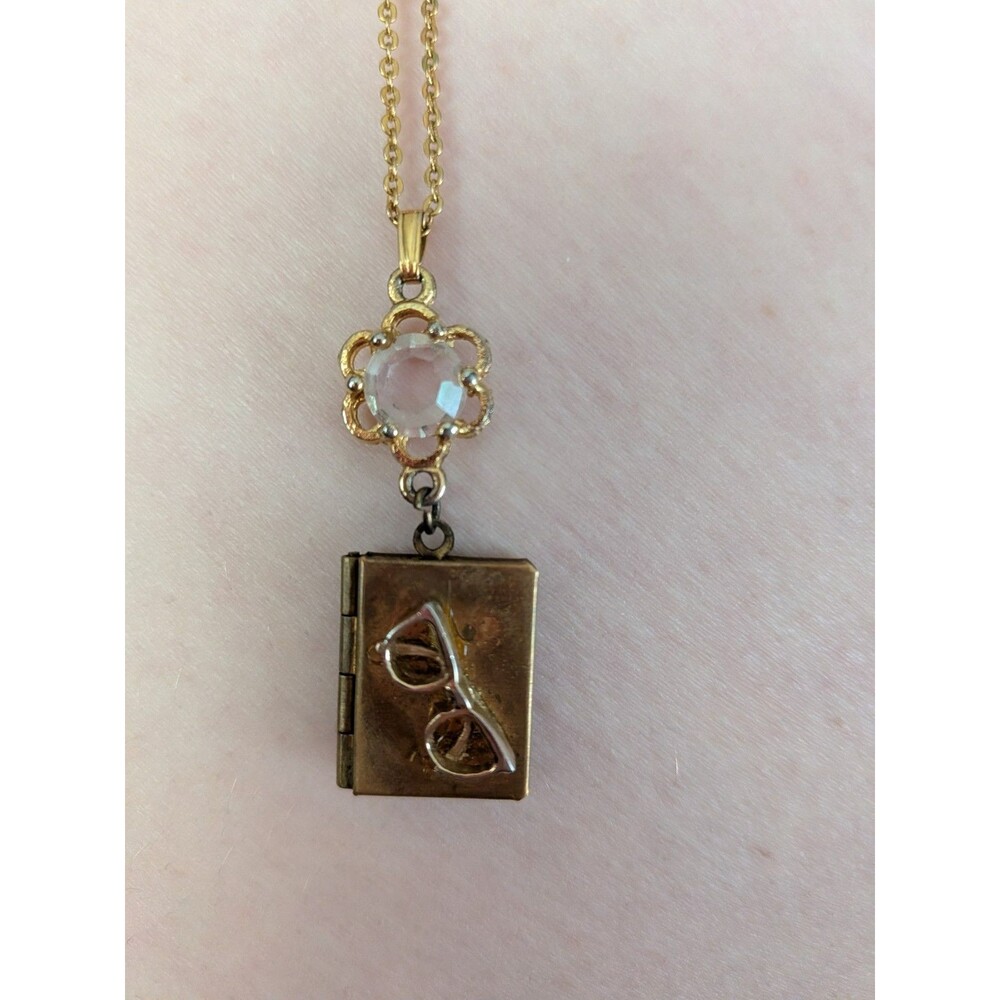 Vintage Brass Book Locket Necklace Cat Eye Glasses Charm Novelty Librarian